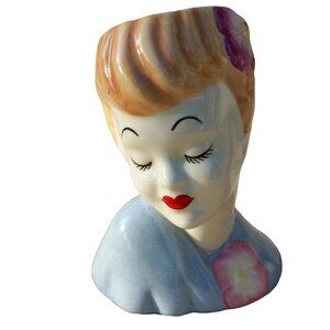 Hollywood Glamour Girl Ceramic Head Vase in Blue Dress 5.5" ala Betty Gr…